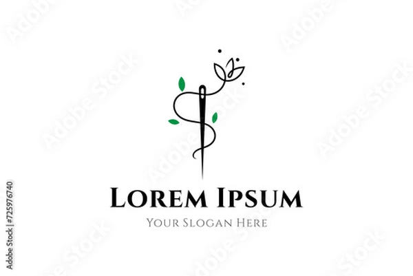 Fototapeta sewing needle logo thread combination with flower and leaf shape in flat vector design style