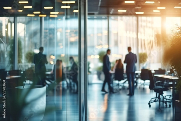 Fototapeta Modern Corporate Office with Employees Engaging in Work. Generative AI.