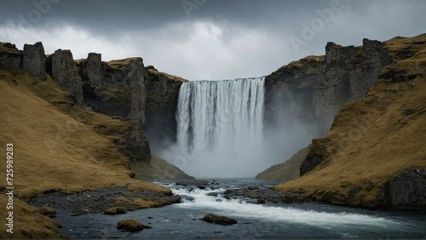 Obraz Powerful Waterfall in a Dramatic Landscape in northern atmostphere