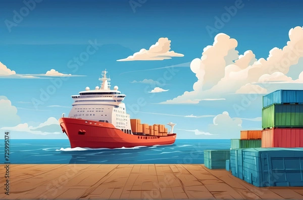 Obraz Transportation Concept, Cargo ship with colorful containers. Industrial commercial delivery and logistic services element. cartoon illustration