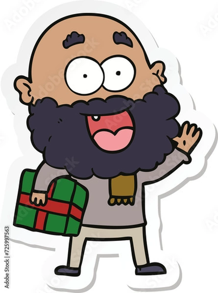 Fototapeta sticker of a cartoon crazy happy man with beard and gift under arm