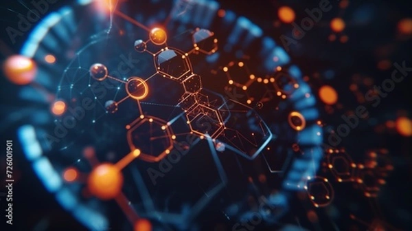 Fototapeta Digital concept of molecular structures and neural network representing scientific research and biotechnology advancements