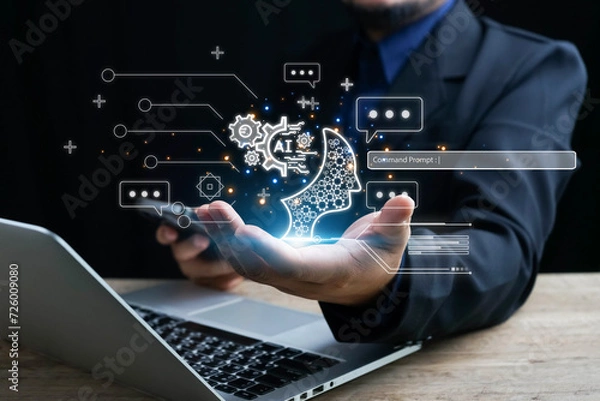 Fototapeta Ai technology, businessman show virtual graphic Global Internet connect Chat with AI, Artificial Intelligence. AI, using command prompt for generates something, Futuristic technology transformation.