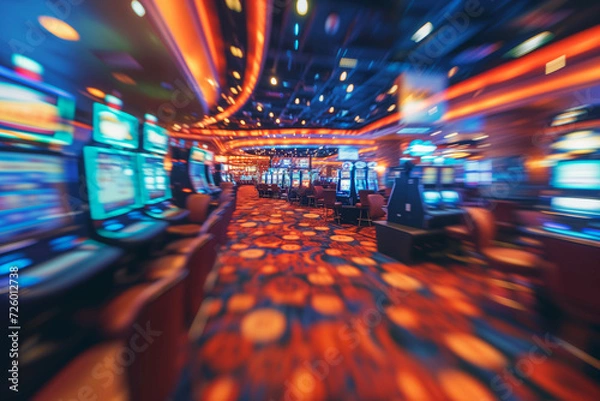 Obraz Blurred casino with colorful slot machines. Motion blur and long exposure effect.