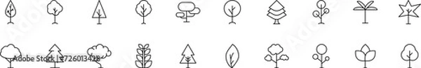 Fototapeta Collection of thin line icons of trees in forest. Linear sign and editable stroke. Suitable for web sites, books, articles