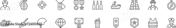 Fototapeta Collection of thin line icons of army. Linear sign and editable stroke. Suitable for web sites, books, articles