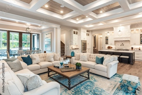 Fototapeta Beautiful and large living room interior with hardwood floors and vaulted ceiling in new luxury home. View of Kitchen, entryway, and second story loft style area