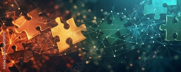 Obraz Glowing puzzle pieces connected in a digital network, highlighting concepts of connectivity, problem-solving, and technology