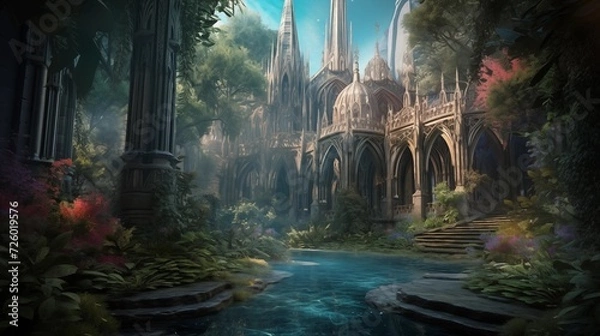 Obraz A mysterious cathedral in overgrown ruins, Generative AI