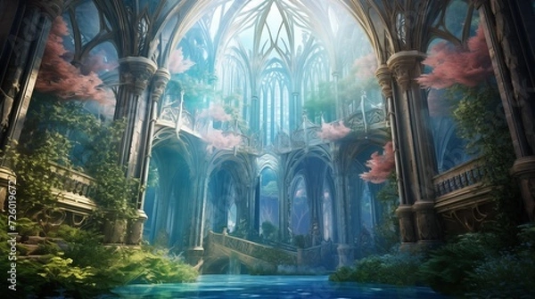 Obraz A mysterious cathedral in overgrown ruins, Generative AI