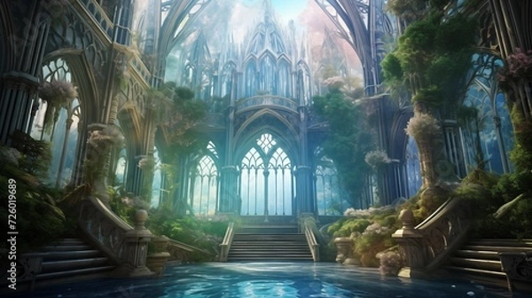 Obraz A mysterious cathedral in overgrown ruins, Generative AI