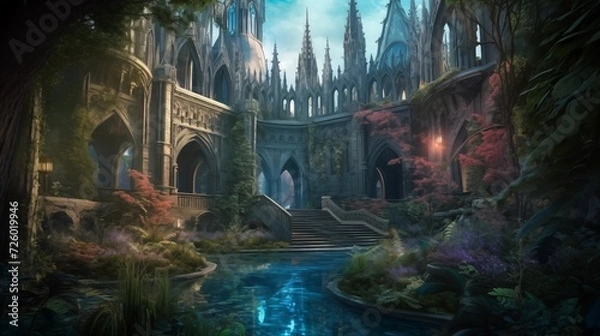 Obraz A mysterious cathedral in overgrown ruins, Generative AI