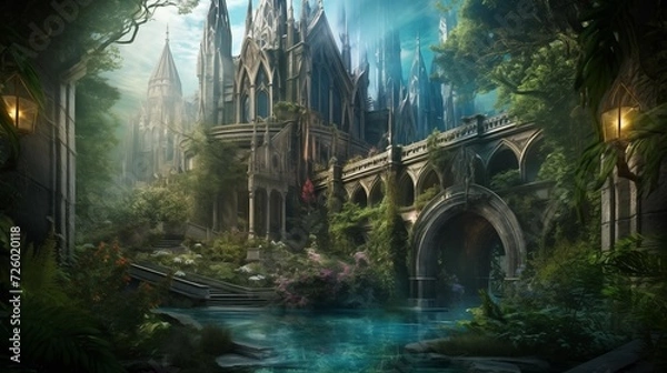 Fototapeta A mysterious cathedral in overgrown ruins, Generative AI