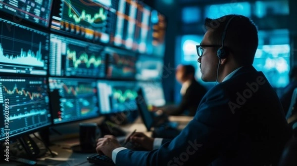 Fototapeta In the heart of the finance district, a focused male trader analyzes data on multiple screens in a bustling office environment