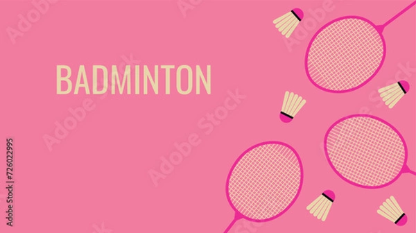 Fototapeta Badminton racket with badminton shuttlecock on pink background, badminton sports wallpaper with copy space. Vector illustration.