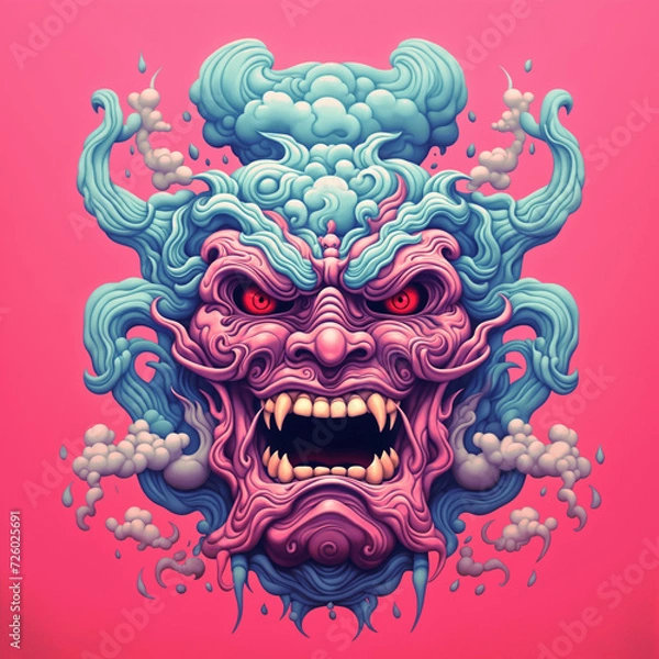 Fototapeta A depiction of a demonic face mask rooted in Japanese culture, symbolizing traditional beliefs and folklore, blending elements of mysticism and spirituality, Created using generative AI tools