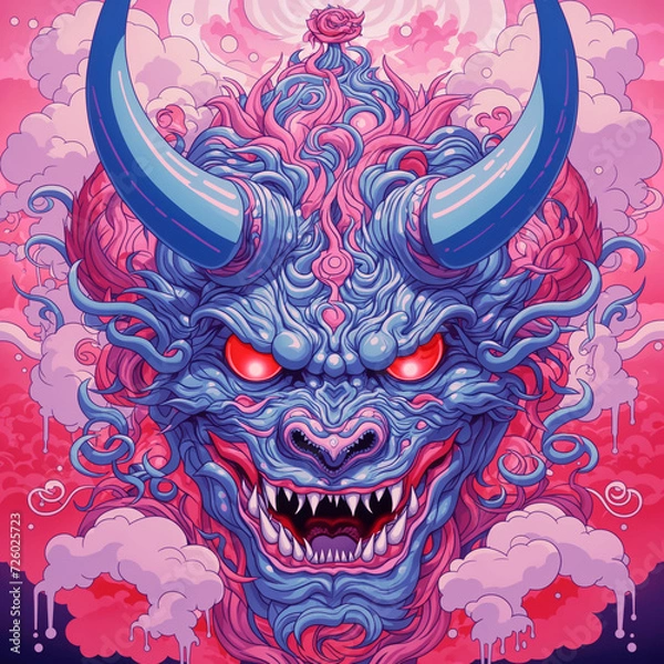 Fototapeta A depiction of a demonic face mask rooted in Japanese culture, symbolizing traditional beliefs and folklore, blending elements of mysticism and spirituality, Created using generative AI tools