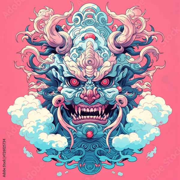 Fototapeta A depiction of a demonic face mask rooted in Japanese culture, symbolizing traditional beliefs and folklore, blending elements of mysticism and spirituality, Created using generative AI tools