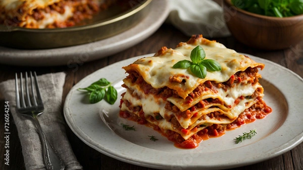 Fototapeta zucchini lasagna in intricate detail, highlighting the layers of thinly sliced zucchini, rich tomato sauce, creamy béchamel, and melted cheese in traditional plate presentation
