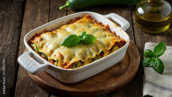 Fototapeta Zucchini lasagna from a top view with golden-brown cheese on top and the lush green zucchini peeking through the edges of the plate, set on a rustic dark wooden table