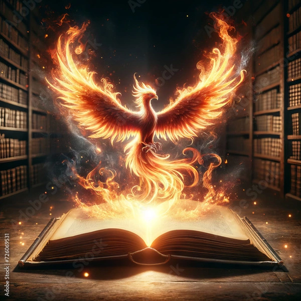 Fototapeta An open book with a phoenix rising from the pages in a flurry of flames and embers.