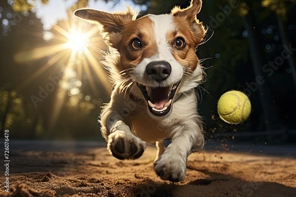 Fototapeta A Jack Russell Terrier running in the rays of the sun after a tennis ball.
