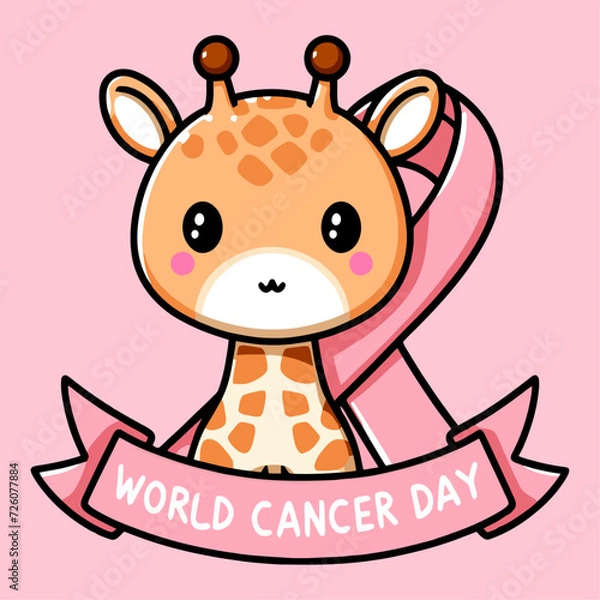 Fototapeta World Cancer Day. Cute Giraffe with ribbon. Vector illustration.