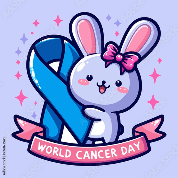 Fototapeta World Cancer Day. Cute cartoon bunny with ribbon. Vector illustration.