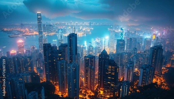 Fototapeta overhead view of a modern metropolitan city at dusk, skyscrapers lit up against the night sky