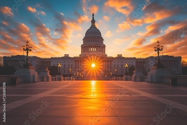 Fototapeta Elevate your projects with an awe-inspiring image of the US Capitol building at sunset in Washington DC, USA. A symbol of history and democracy bathed in golden light.