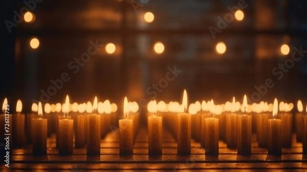 Fototapeta Rows of lit candles provide a serene and reflective ambiance in a dimly lit setting.