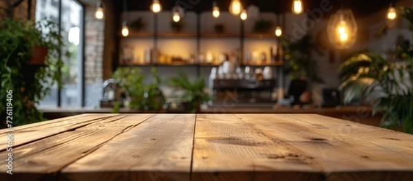 Fototapeta Wooden table in a coffee shop can be used for displaying products.
