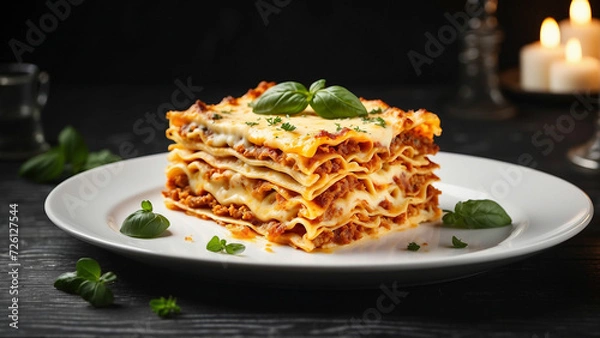 Fototapeta A cheese lasagna, perfectly portioned on a pristine white plate, set against the dark allure of a black wooden table