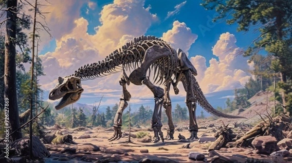 Fototapeta A towering sauropod femur juts out from the ground surrounded by smaller bones that once made up its sy legs.
