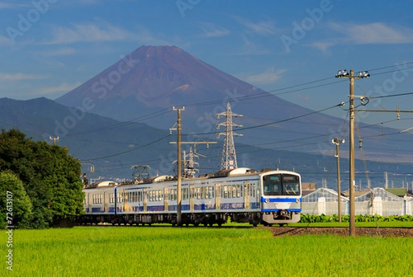Fototapeta View of mountain Fuji with a train passing through green field