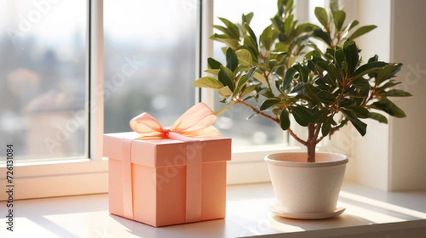 Fototapeta Luminous window scene with a peach fuzz-textured gift box and a flourishing potted plant.