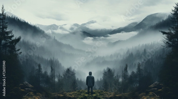 Fototapeta Mirror image of a person in a misty forest, creating a symmetrical and mysterious mood.