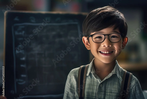 Fototapeta portrait of a school kid in uniform in front of blackboard