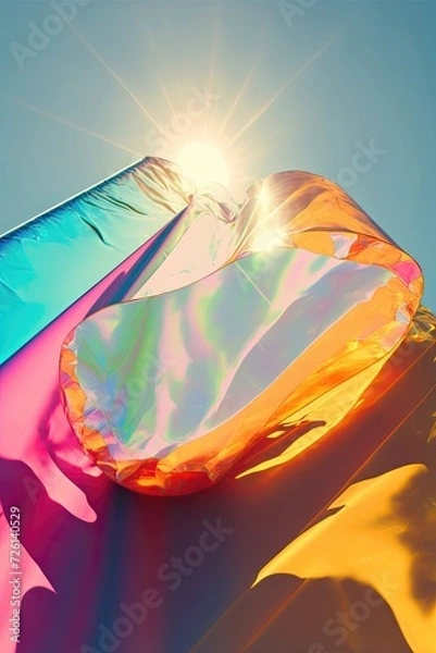 Fototapeta sun shines on floating colorful pastel translucent sheets of fabric