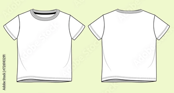 Fototapeta Baby Boys Crew Neck Round Short Sleeve T-shirt Fashion Flat Sketch with Black and White Outline – Front and Back View Template Mock-up.