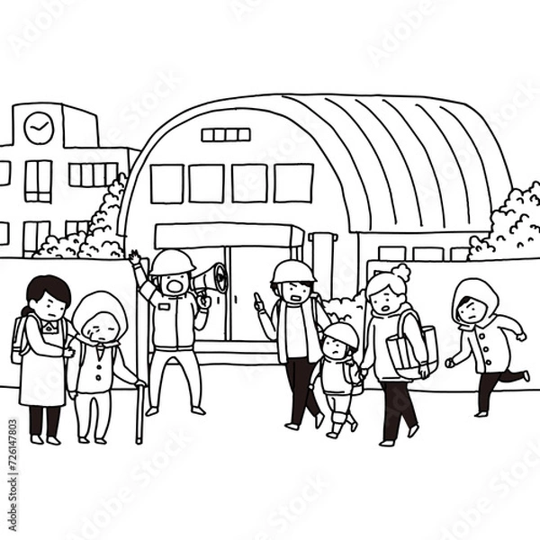 Obraz 災害時に近所の学校の避難所へ向かう家族