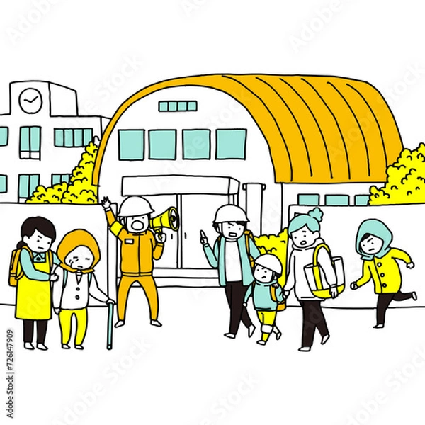 Fototapeta 災害時に近所の学校の避難所へ向かう家族