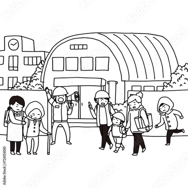 Fototapeta 災害時に近所の学校の避難所へ向かう家族