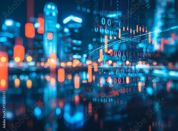 Fototapeta Abstract glowing big data forex candlestick chart on blurry city backdrop. Trade, technology, investment and analysis concept. Double exposure