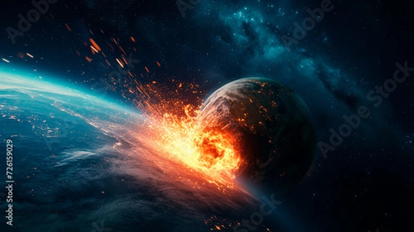 Fototapeta A rock crashing into the earth seen from space. A rock crashing into planet earth. Disaster from space. Last day of earth. Generative AI