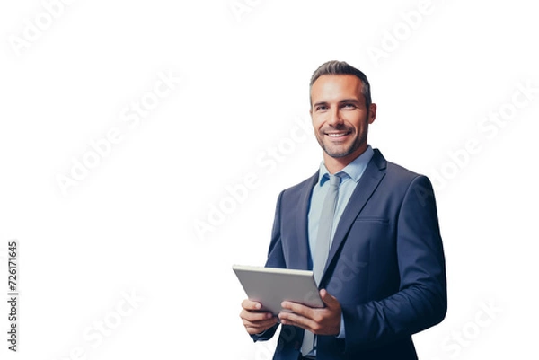 Fototapeta A man in a suit smiles while holding a tablet in a warehouse, indicating professionalism and technology integration.