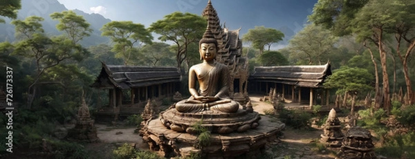 Obraz The Buddha statue is in an abandoned temple in the middle of the forest in Thailand.