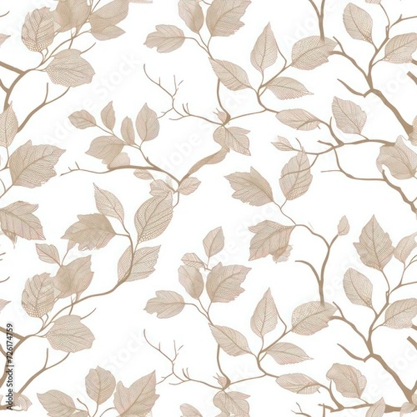 Fototapeta Pattern set against a pristine white backdrop, featuring graceful beige branches and intricate leaf skeletons. 