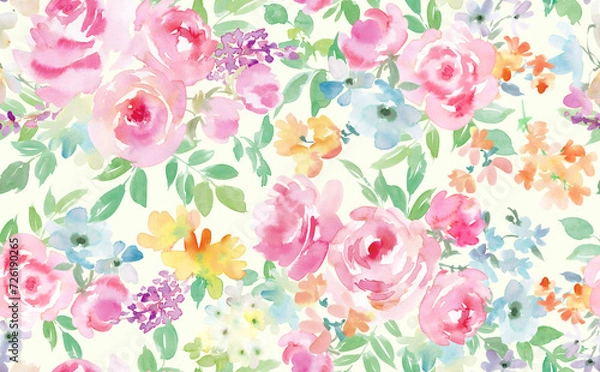 Fototapeta 水彩で描いたピンクのバラと草花のシームレスパターン