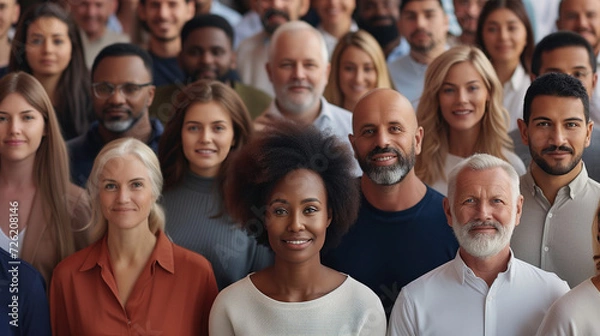 Obraz Multi ethnic people of different age looking at camera. Large group of multiracial business people posing and smiling. 